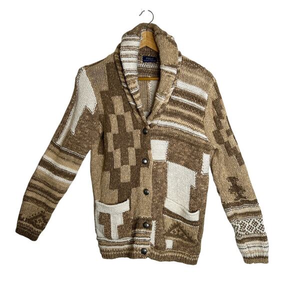 Polo Ralph Lauren Sweaters - Polo Ralph Lauren Womens Patchwork Aztec Linen Blend Cardigan Sz S Tan Western